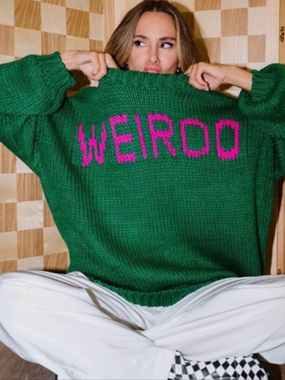 Dressed In Lala 💖 'WEIRDO' Knit Sweater with Pink Lettering